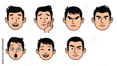 Collection of different facial expressions and emotions for a male character including joy sadness anger surprise and winking.