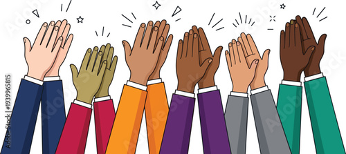 Diverse hands raised in applause from different individuals in a collaborative environment