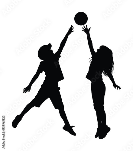 Vector silhouette of two people jumping to reach a basketball mid-air in a dynamic action scene