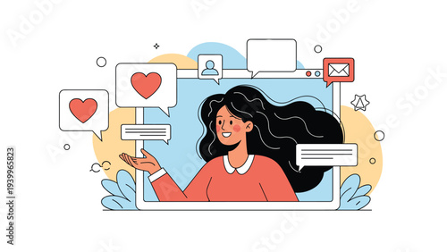 Cheerful woman engaging in a video call on a digital screen with several notification bubbles containing hearts and messages.