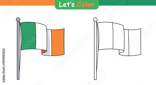 Educational coloring page for kids showing a flag of ireland on a flagpole to help children learn colors and geography.