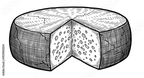 Hand drawn illustration of a cheese wheel with a slice cut out