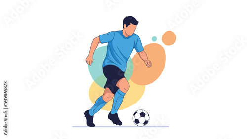 Professional soccer player in a blue uniform skillfully dribbling a ball against a background of abstract colorful shapes.