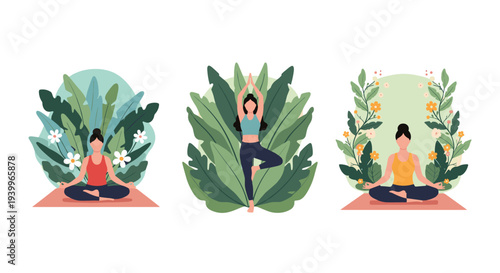 Collection of three illustrations featuring a woman practicing yoga and meditation in different poses surrounded by lush green leaves.