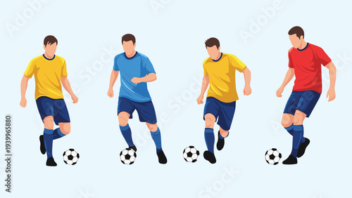 Set of four soccer players in various dynamic action poses dribbling and kicking balls while wearing different colored team uniforms.