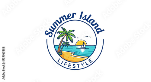 Tropical island paradise with palm tree and sunset.