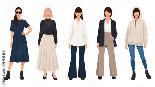 Group of five women wearing diverse casual and business casual outfits including skirts trousers shirts and a hoodie in neutral tones.