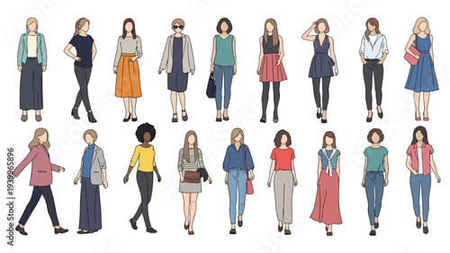 Diverse group of eighteen women showcasing a wide range of everyday fashion styles outfits and poses for various lifestyle situations.