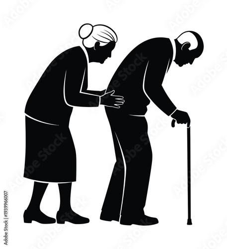 Vector depicting an elderly man with a cane being gently assisted by an elderly woman