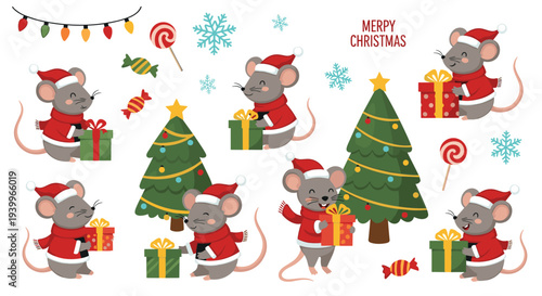 Adorable christmas mice characters in santa outfits celebrating with presents and decorated trees in a cute holiday illustration set.