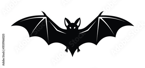 This vector silhouette of a bat in flight features outstretched wings and face