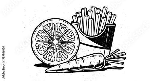 Vintage style illustration of french fries, orange slice, and carrot