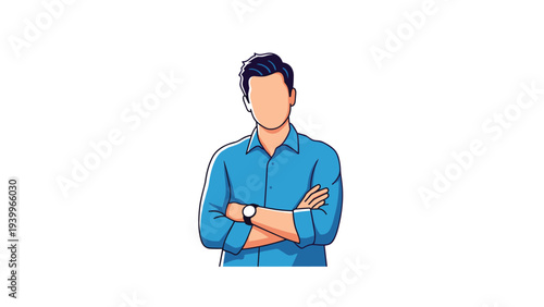 Confident male avatar with dark hair wearing a blue button down shirt and a watch standing with arms crossed against a white background.