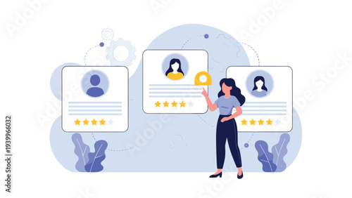 HR professional woman pointing at digital candidate profiles with star ratings and user icons representing the recruitment process.