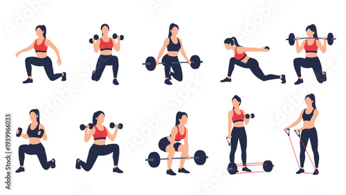 Large set of women characters performing various gym exercises including lunges squats weightlifting and resistance band training.