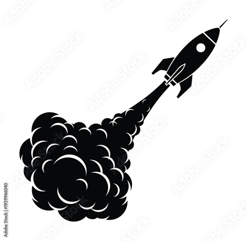 Vector of a rocket launching into space with a trail of smoke behind it