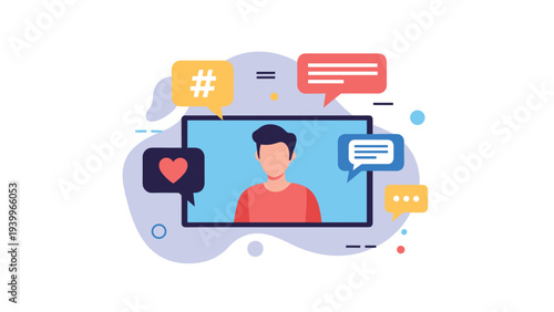 Male character on a digital screen surrounded by various social media interaction icons like hearts hashtags and chat bubbles.