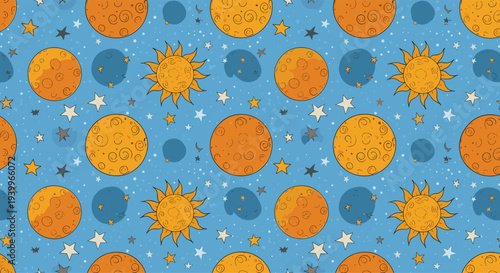 Seamless space pattern with hand drawn suns moons and stars on a blue background creating a whimsical night sky for nursery decor.