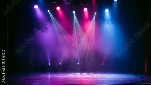 A dark stage with colorful spotlights shining down from above, creating a vibrant atmosphere.