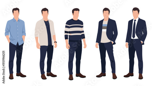 Collection of five male figures showing different clothing styles ranging from casual everyday wear to formal business suits.