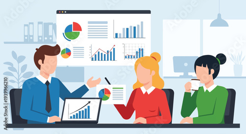 Business team meeting in office presenting data charts on screen and laptop for strategy or