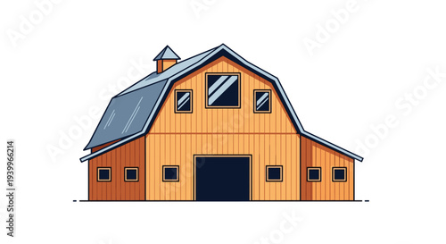 Classic wooden farm barn building with a large door and multiple windows shown in a clean flat vector illustration style.