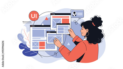 Female UI designer arranging various web browser windows and interface elements to create a digital user experience.
