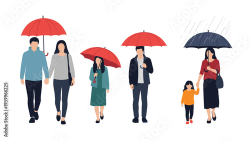 Group of people including couples and a parent with a child walking with red and black umbrellas during rainy weather.