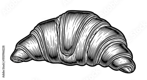 Hand drawn engraving style illustration of a croissant