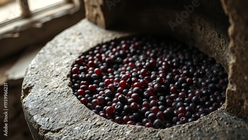  Ancient stone wine press with deep purple grape residue, textured surface in soft window light. bar promotions, beverage menus, designed for food & beverage menus and cafe branding.