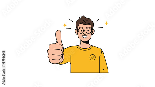Smiling young man with glasses wearing a yellow shirt gives an enthusiastic thumbs up gesture of approval or success.
