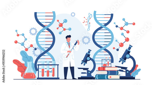 Scientist in a white coat working in a laboratory surrounded by DNA helix models, microscopes, and chemical equipment.
