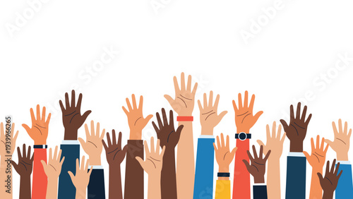 Multiple hands of various skin tones and clothing styles raised in the air representing diversity, inclusion, and unity.