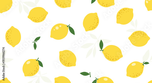 Refreshing seamless pattern of bright yellow lemons with green leaves and light shadows on a clean white background for kitchen decor.