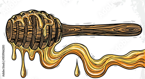 Hand drawn illustration of a wooden honey dipper with dripping golden honey