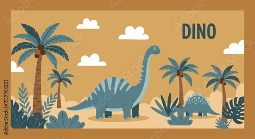 Prehistoric landscape scene with a long necked dinosaur and a smaller stegosaurus surrounded by palm trees and lush tropical plants.