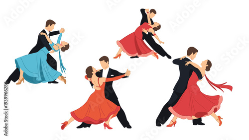 Set of four ballroom dancing couples shown in various elegant poses and wearing classic evening wear and formal dresses.