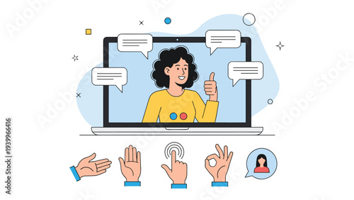 Woman on a laptop screen giving a thumbs up surrounded by chat bubbles and various hand gesture icons below the device.