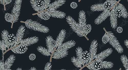 Detailed seamless pattern of hand drawn pine branches and cones on a dark background for rustic winter holiday wrapping paper.