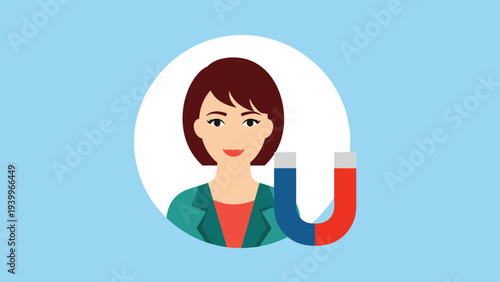 Female customer retention specialist or marketer attracting new clients and loyal audience using a big magnet symbol.