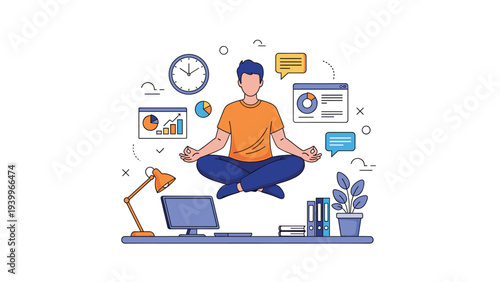 Productive male employee practicing mindfulness and meditation at office desk to manage stress and improve work focus.
