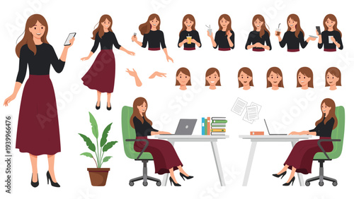Female character animation kit showing various poses expressions and office activities for storytelling and design projects.