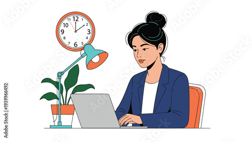 Hardworking woman sitting at desk using laptop for late night study or remote office work under lamp light with clock.