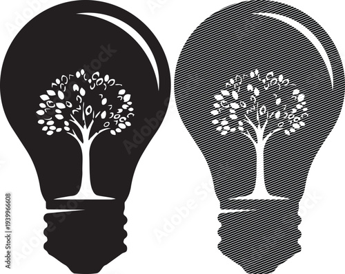 Innovative light bulbs symbolizing growth and ideas with tree illustrations inside.