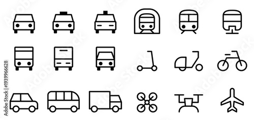 車・自動車・交通手段・乗り物の編集可能なライン線画アイコン