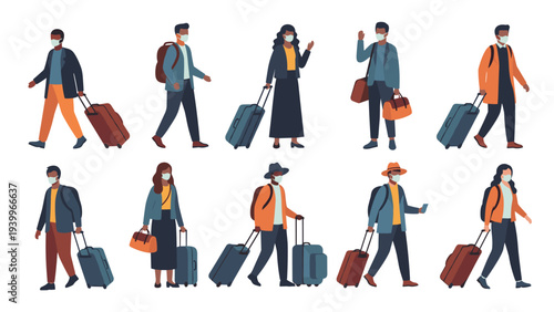 Set of diverse men and women wearing protective face masks while traveling with various luggage and suitcases.