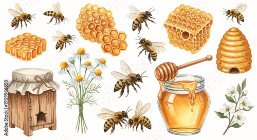 Watercolor illustration of bees honeycomb jar of honey and flowers isolated