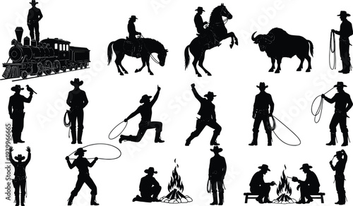 Black Silhouette Vector Collection of Wild West Cowboys Featuring Horse Riding, Lasso Throwing, Campfire Scenes, Buffalo, and Vintage Steam Train for Western Heritage Graphic Design