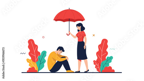 Kind woman holding a large red umbrella over a sad sitting man to represent support empathy and mental health care.