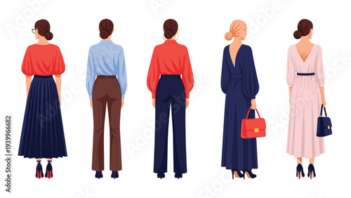 Back view of five stylish women wearing different fashionable outfits including skirts pants and long dresses.